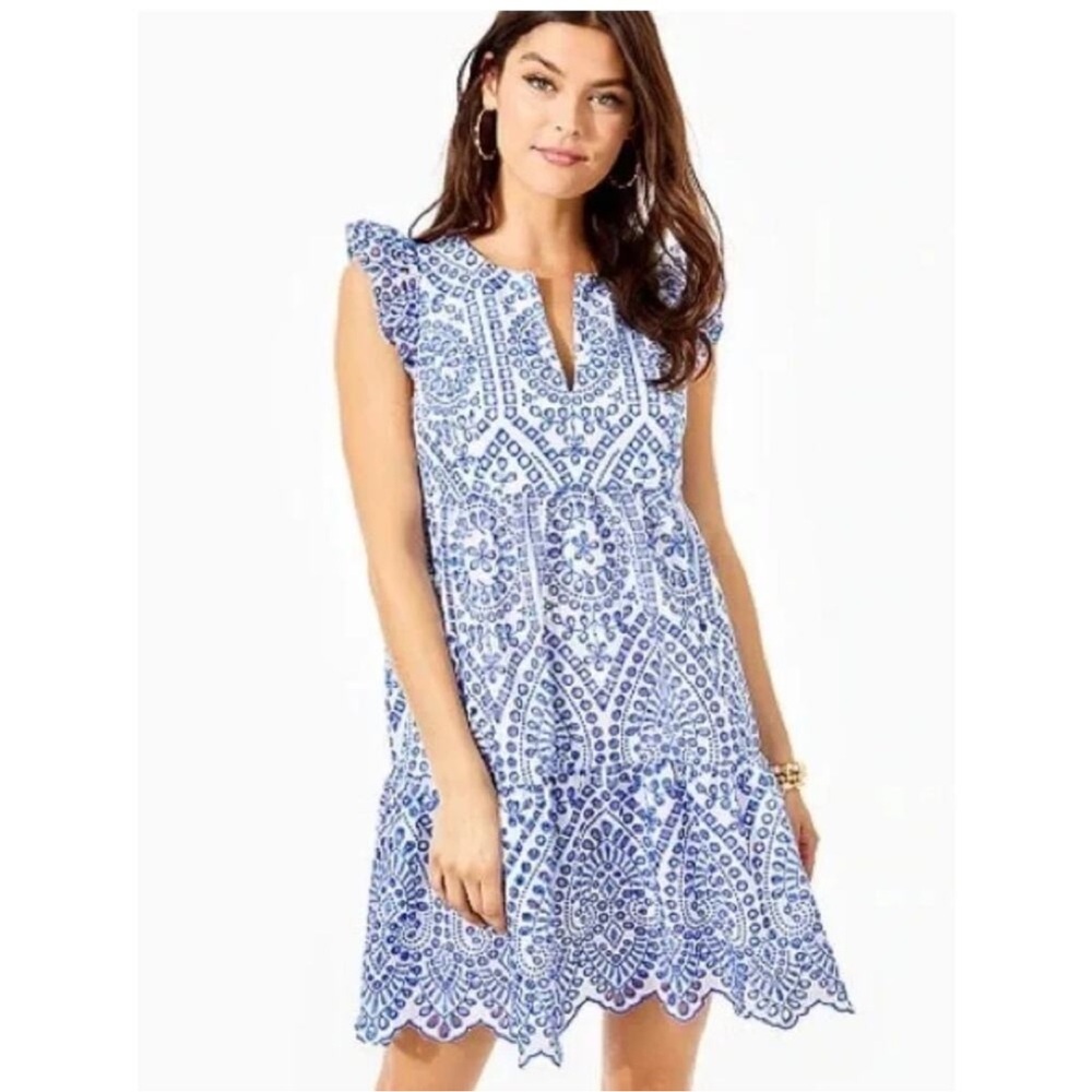 Lilly Pulitzer Blue and White Embroidered Dress